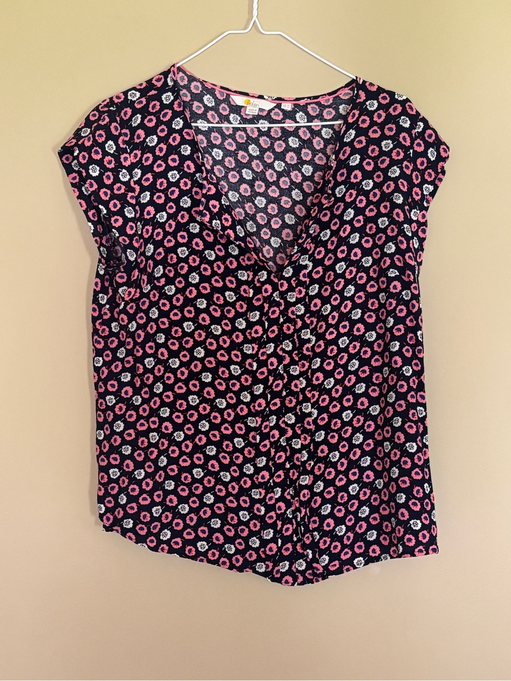BODEN Pleat Front Floral Top Cap Sleeve Navy 12